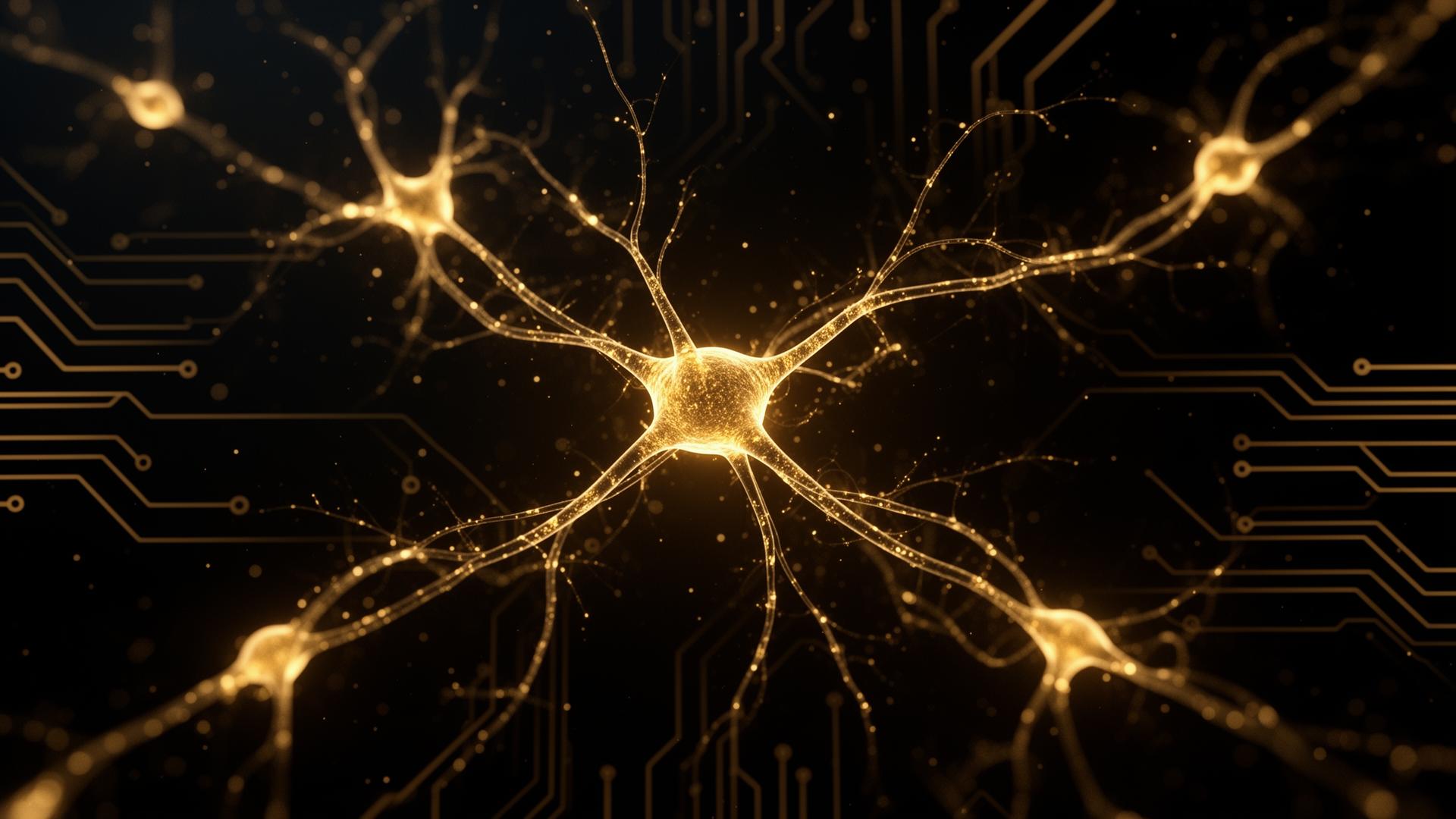 Golden AI neural network visualization on dark background